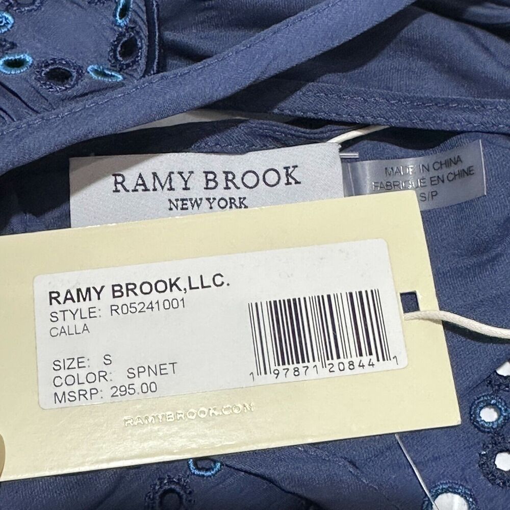 NWT Ramy Brook Calla Blouse Top Women Size S Navy Blue Scallop Eyelet Trim $295 - Picture 8 of 12
